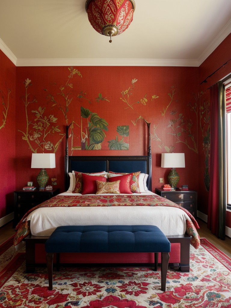 Vibrant Ethnic Bedroom Inspo: Mix Bold Colors & Exotic Prints!