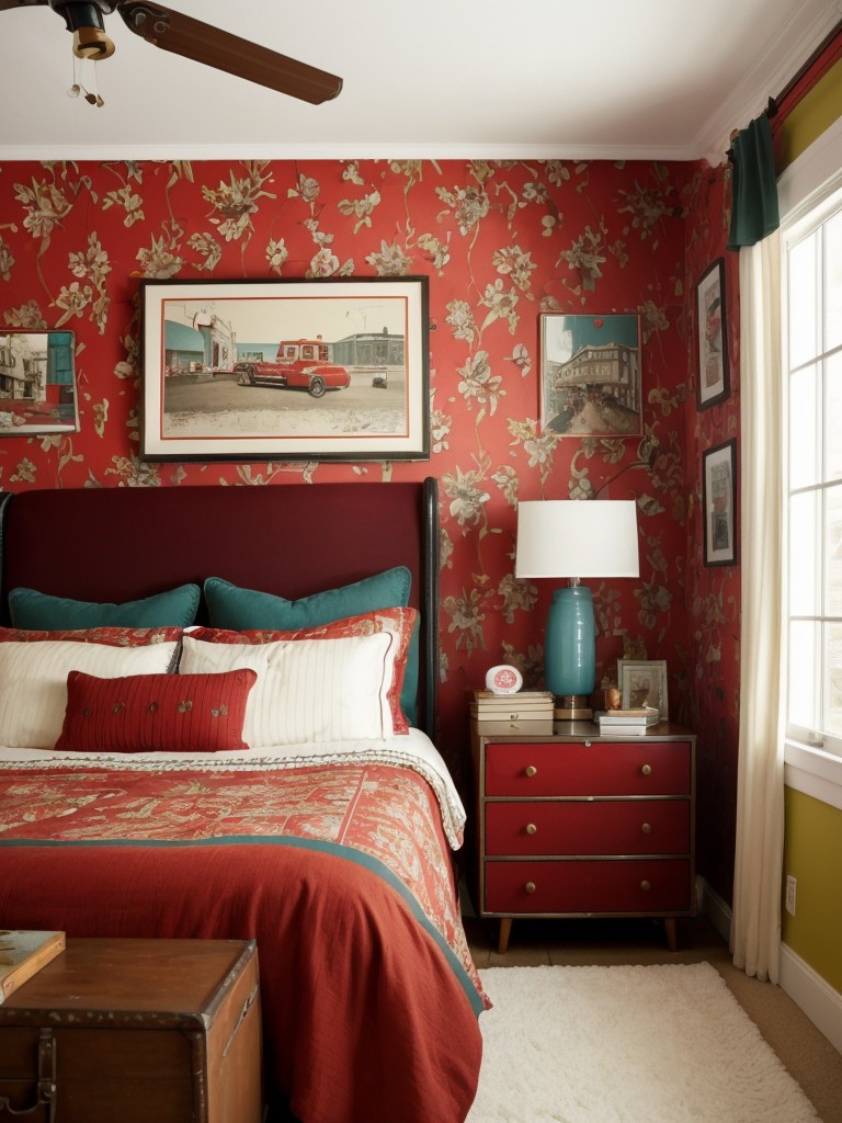 Whimsical Red Bedroom: Vintage Charm and Retro Vibes!