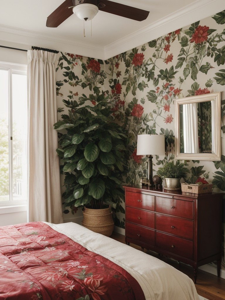 Nature-inspired Apartment Oasis: Transform Your Bedroom with Plants and Wallpaper!