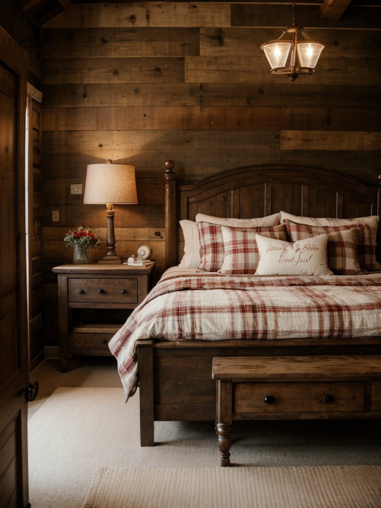 Charming Rustic Apartment: Cozy vibes with distressed wood, plaid bedding, and warm lighting