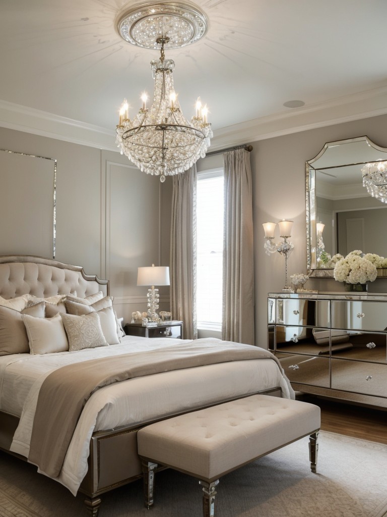 Timeless Bliss: Glam up Your Bedroom with Mirrored Furniture and a Sparkling Chandelier!