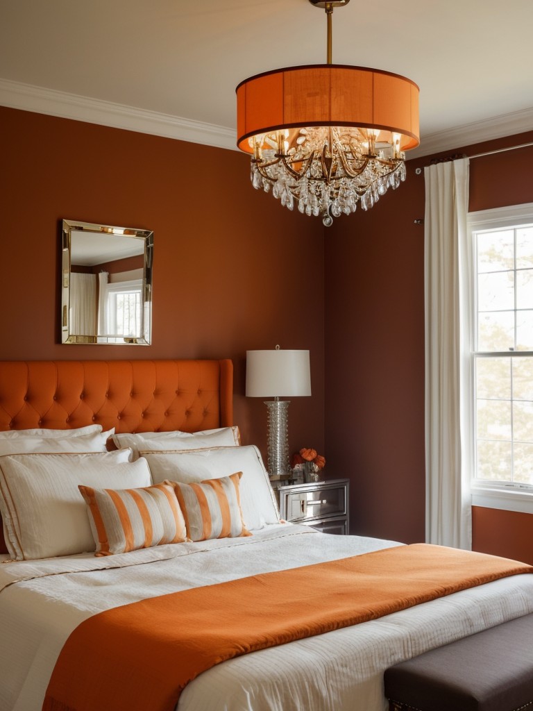 Stunning Orange Bedroom Decor: Elevate with a Statement Chandelier!