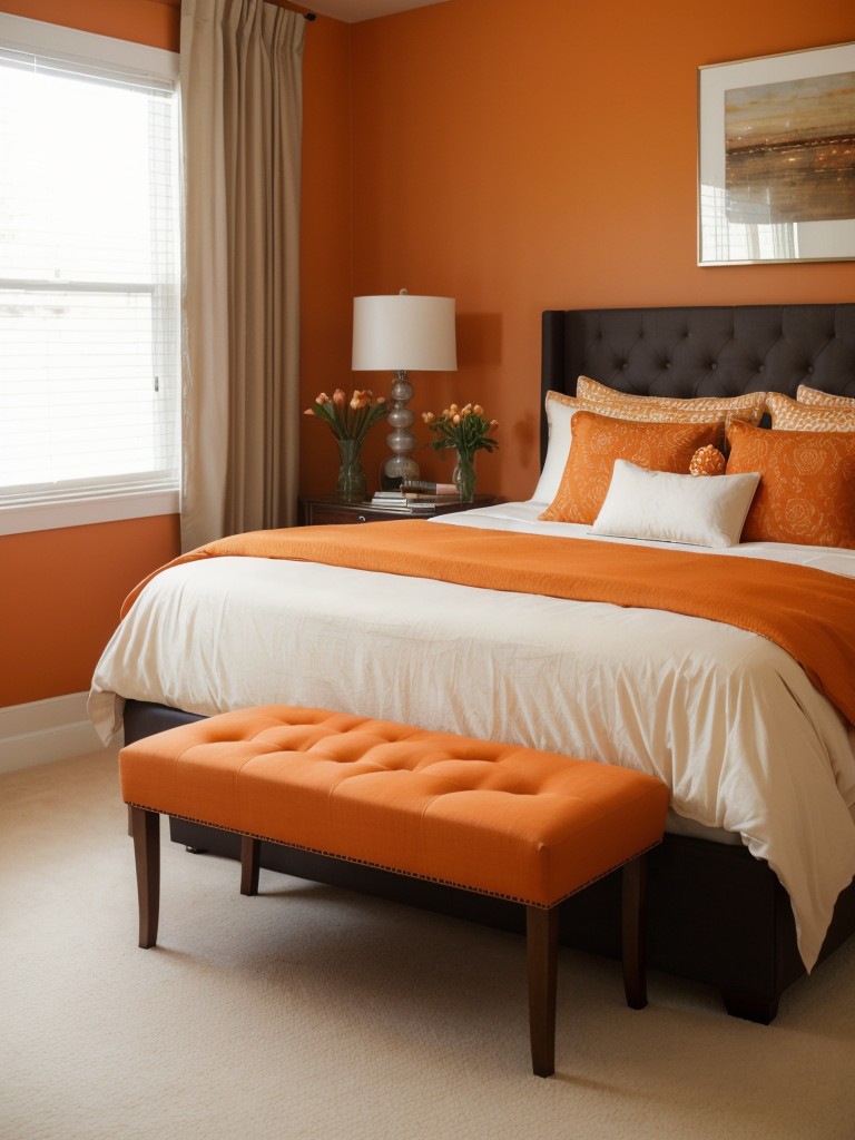 Cozy and Chic: Orange Bedroom Decor Ideas with a Tufted Bench