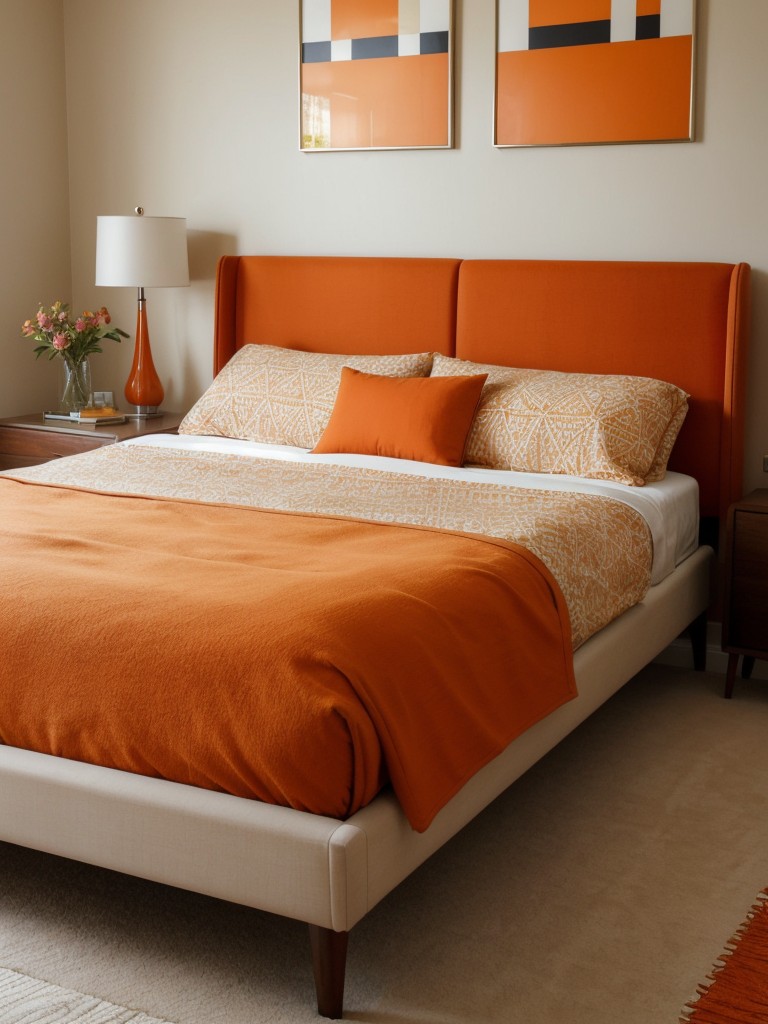 Mid-century modern bedroom ideas: Vibrant and elegant with a touch of orange.