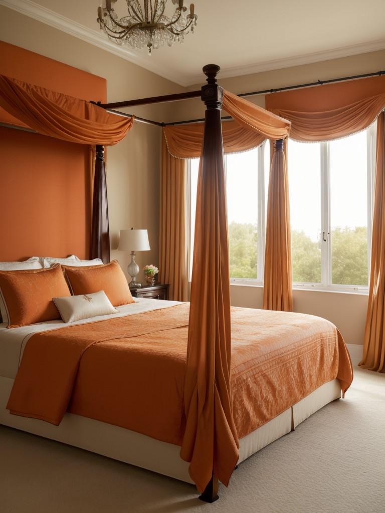 Vibrant Dreams: Orange Bedroom Decor Inspo. Elevate Elegance with a Four-Poster Bed.