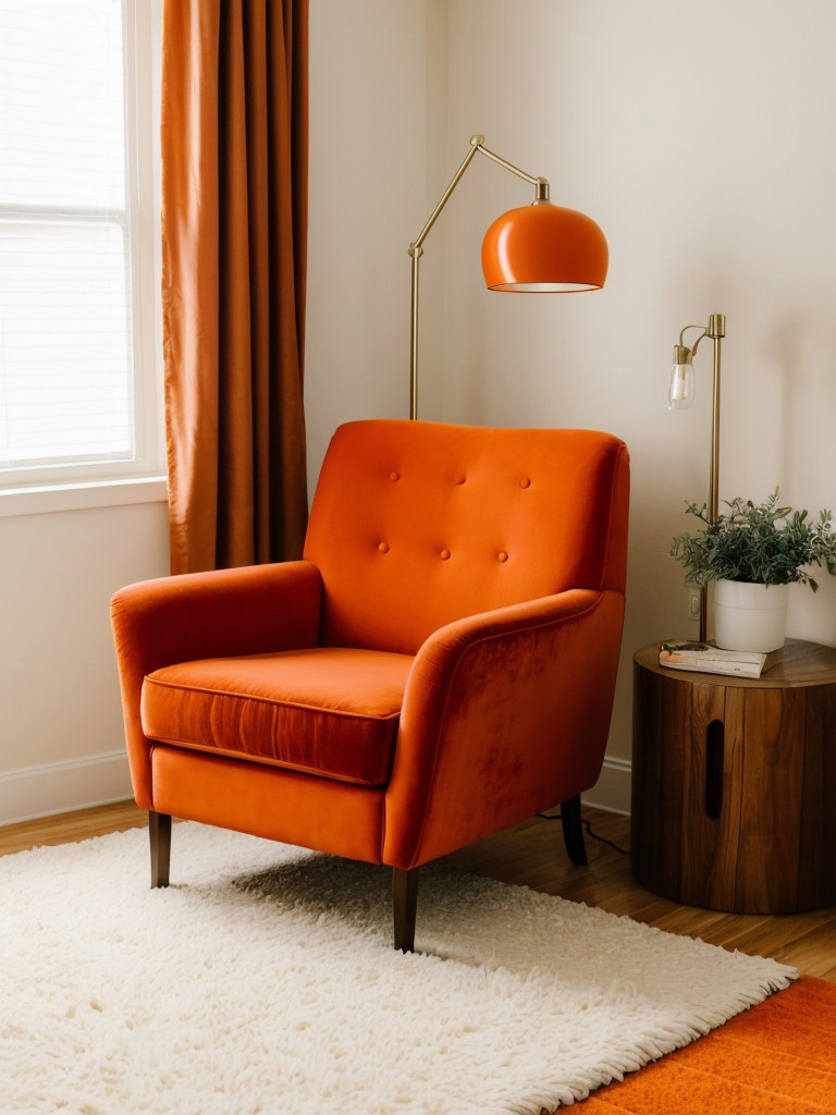 Cozy Orange Bedroom: Create a Stylish Reading Nook with Velvet Chair & Floor Lamp