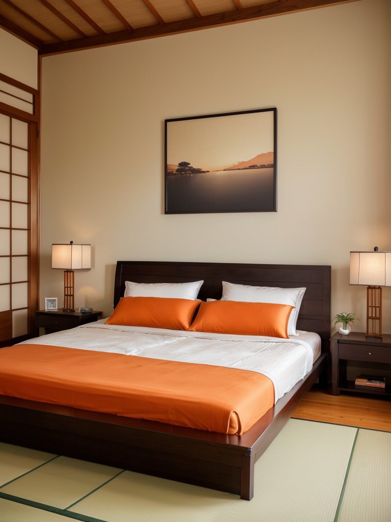 Serene Orange Bedroom: Zen Oasis Vibes for Tranquil Apartment Living