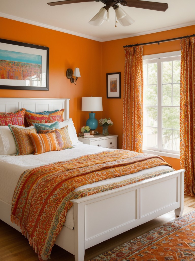 Vibrant Boho Bedroom: Embrace Orange Decor for a Free-Spirited Vibe!