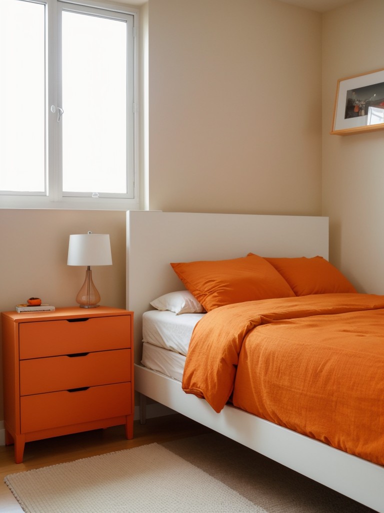 Vibrant Apartment: Minimalist Bedroom with Orange Accents