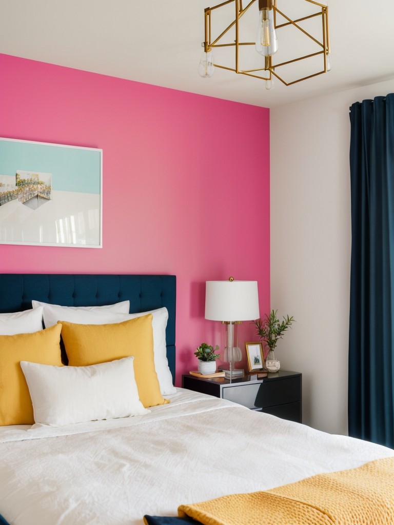 Chic & Minimalist Apartment Bedroom: Vibrant Bedding, Playful Wall Art, & Statement Lighting