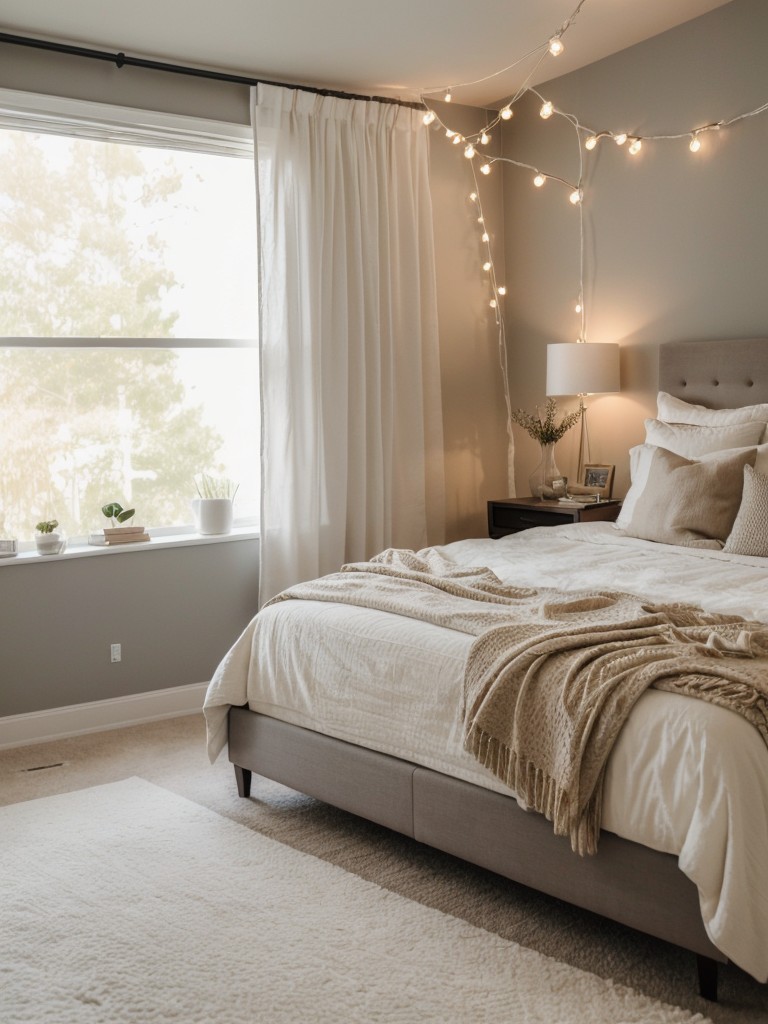 Cozy and Stylish Bedroom Vibes: String Lights, Curtains, Cozy Throws!