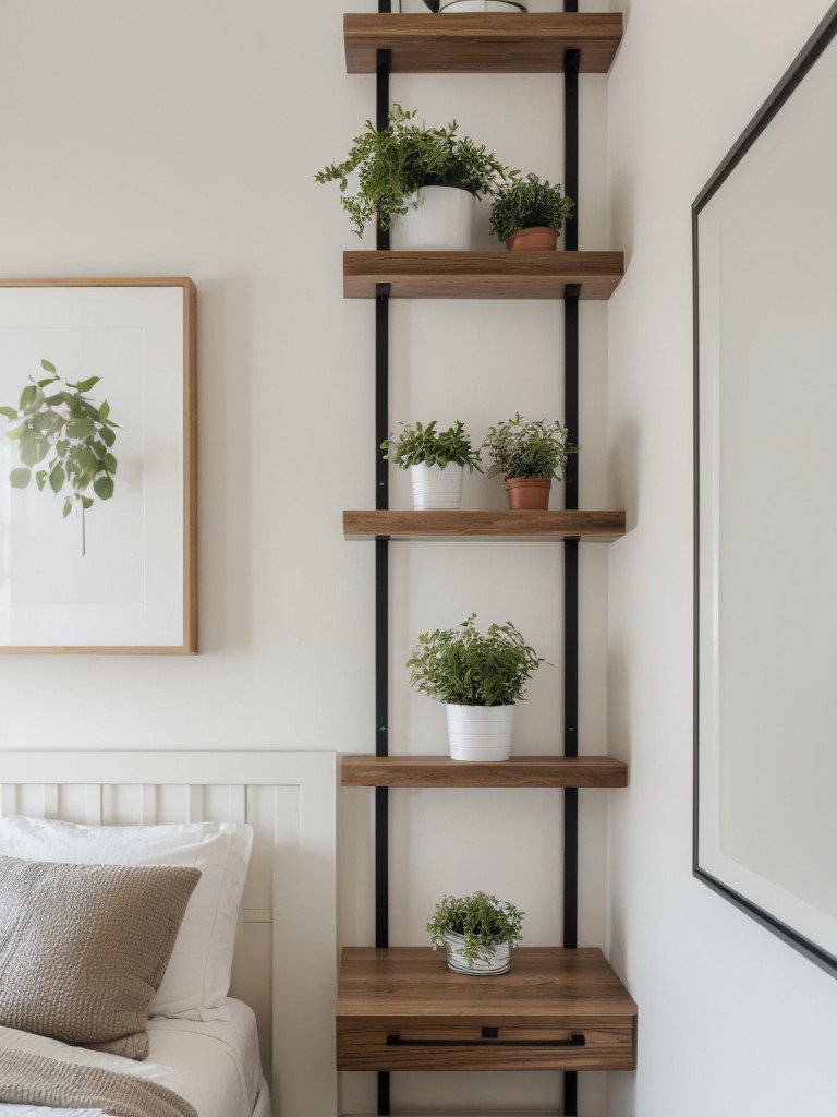 Maximize Small Bedroom Space with Floating Shelves and Hanging Plants!