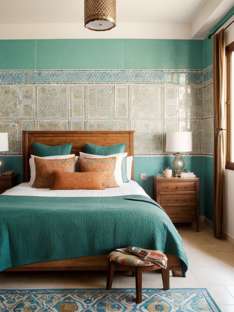 Travel-inspired bedroom: Moroccan-style oasis with vibrant patterns and textured fabrics