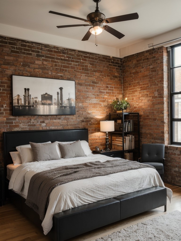 Urban Industrial Vibes: Transform Your Apartment Bedroom with Exposed Brick and Metal Accents.