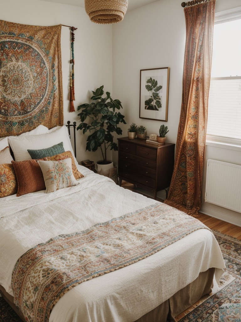 Boho Vibes: Spruce up Your Apartment Bedroom with Colorful Tapestries and Embroidered Pillows.