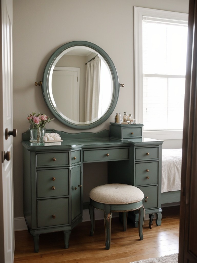 Vintage-inspired vanity for a bold and beautiful apartment bedroom decor. Wow-factor guaranteed!