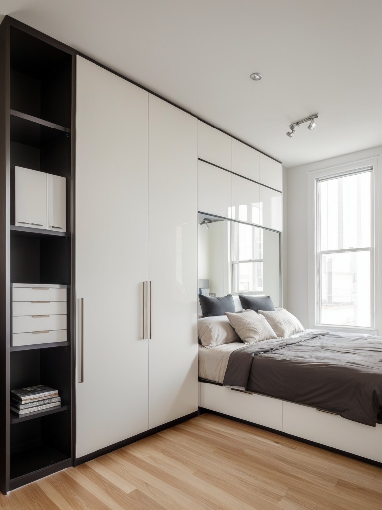 Sleek and Stylish Apartment Bedroom: Maximize Space with Built-in Storage!