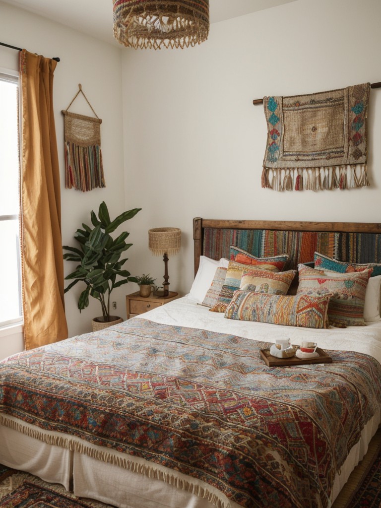 Boho-inspired Apartment Bedroom: Vibrant Textiles & Macrame Decor!