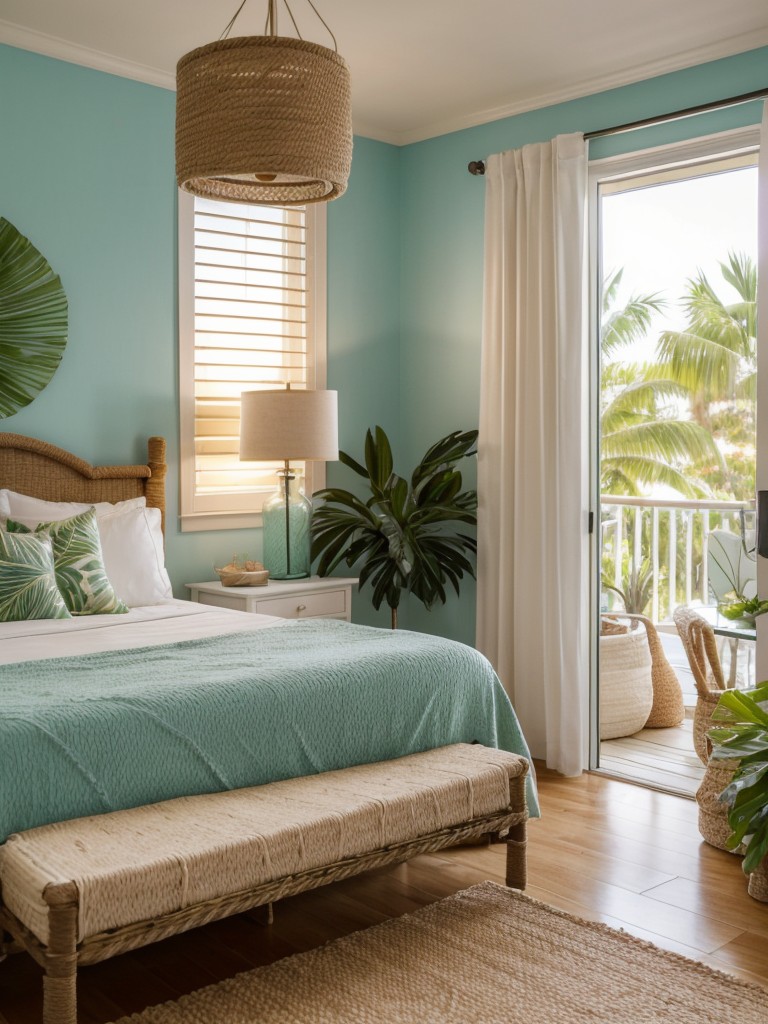 Beachy Vibes: Transform Your Apartment Bedroom into a Tropical Paradise with Cozy Lighting.