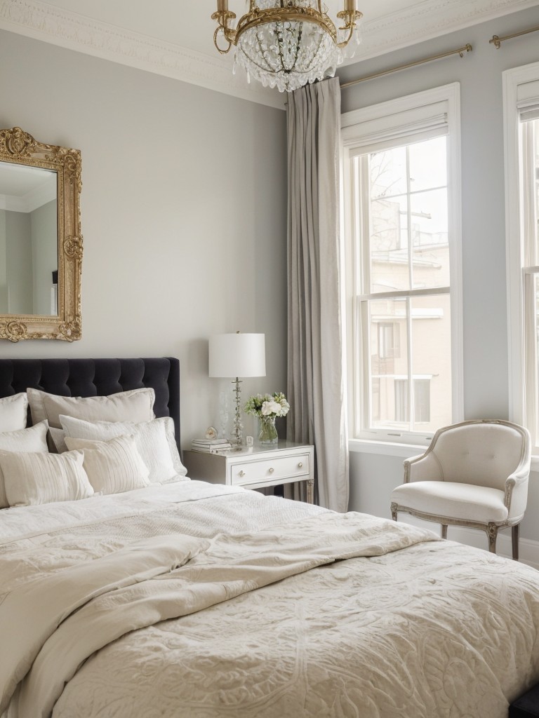 Glam up your apartment bedroom with a stunning mirror centerpiece!