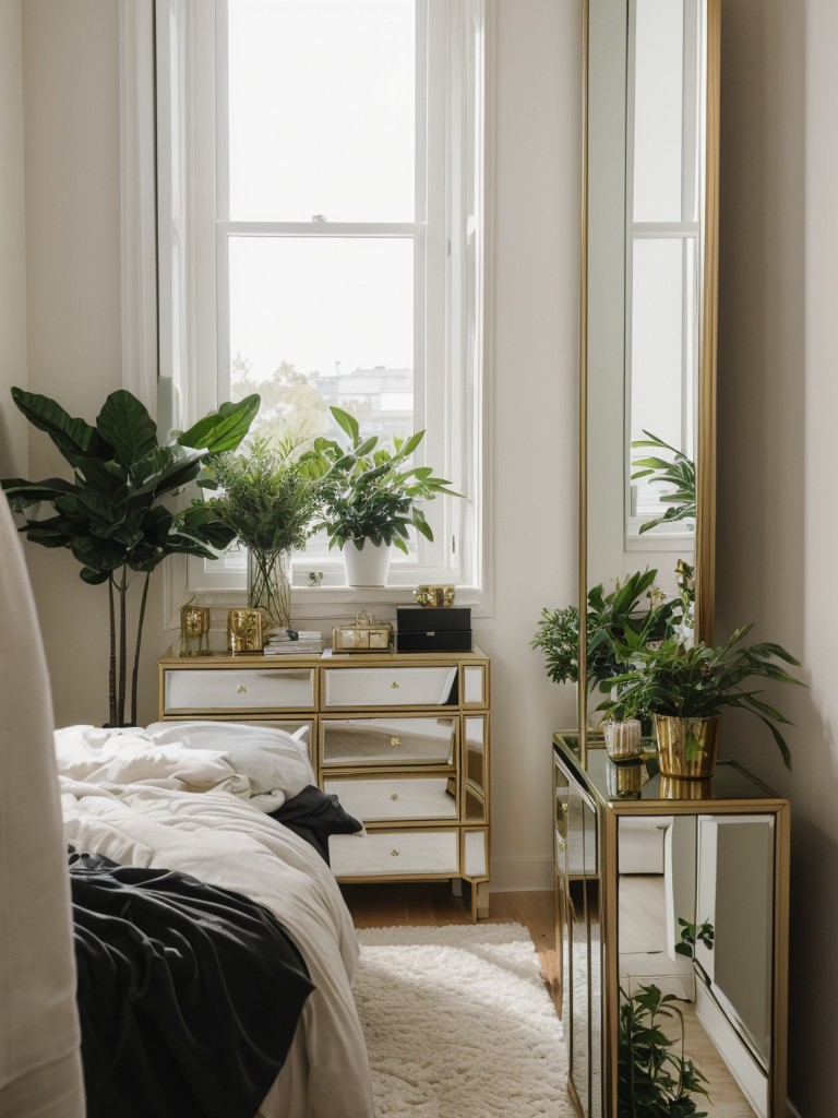 Green up your apartment bedroom with plants and glam it up with metallic accents!