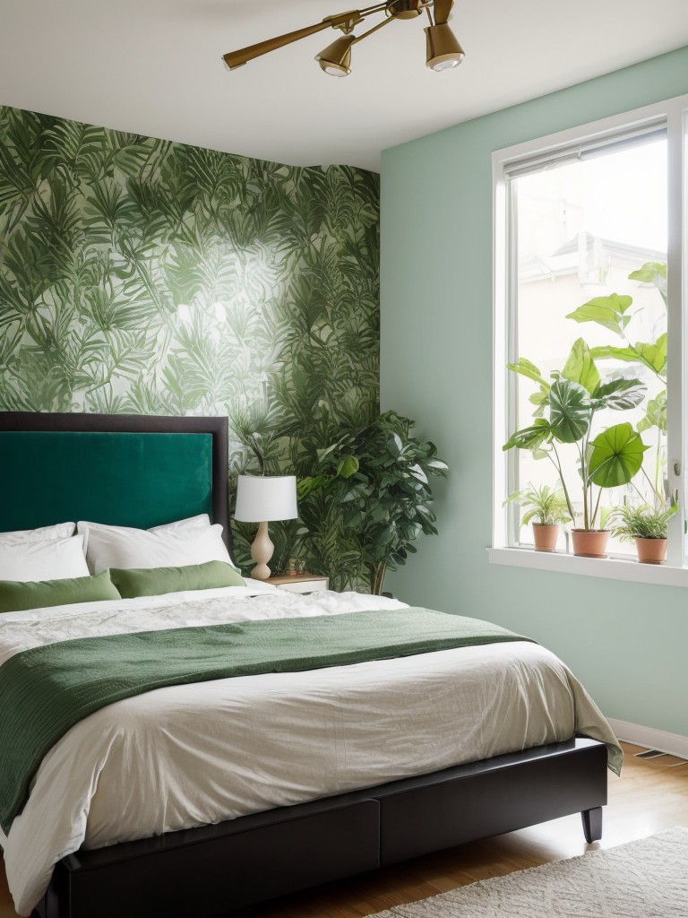 Bring the Outdoors In: Stylish Apartment Bedroom with Greenery & Eye-Catching Accent Wall