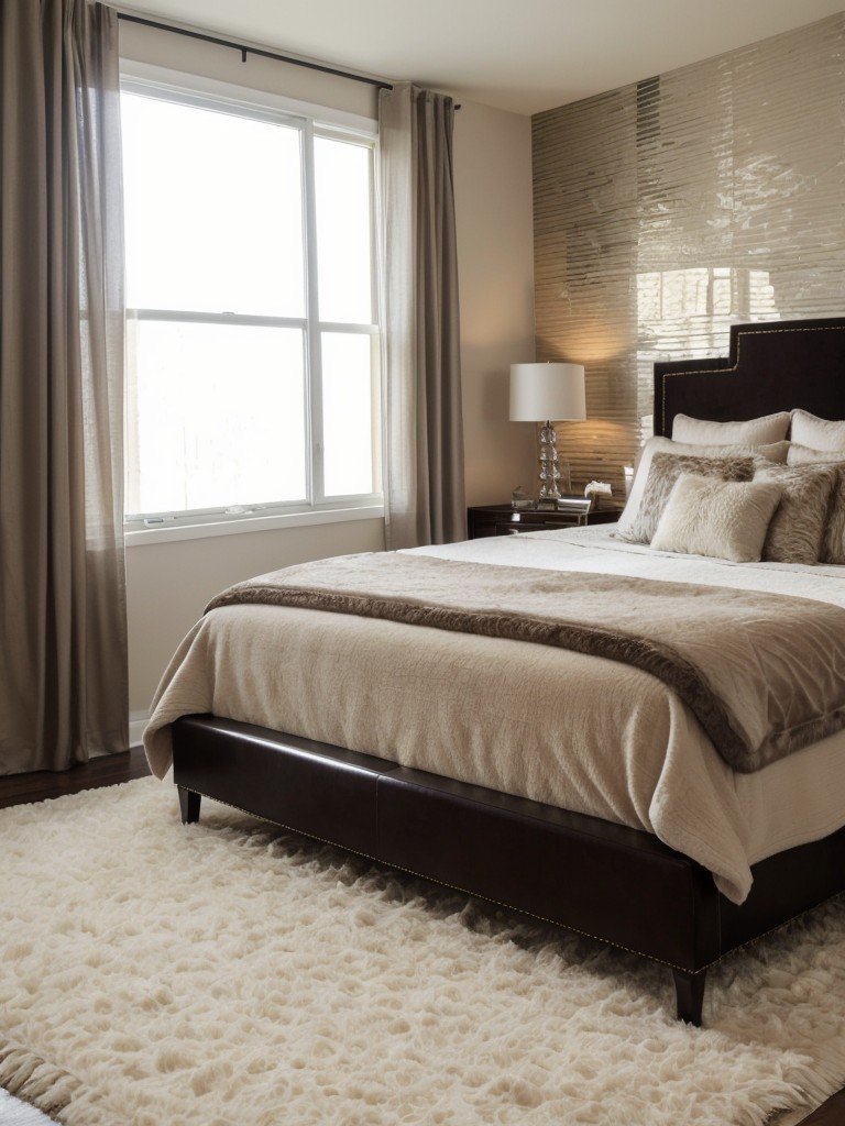 Luxurious bedroom makeover: Accent walls and plush rugs for a lavish apartment vibe!