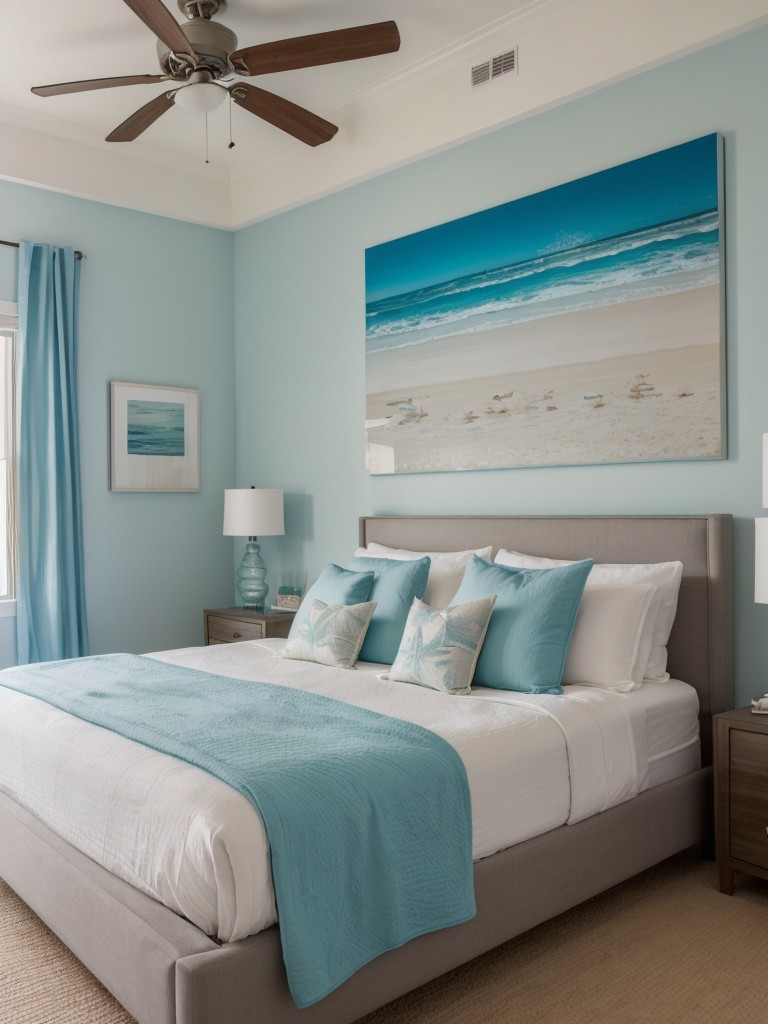 Beach Vibes: Apartment Bedroom Decor Inspiration. Ocean-inspired artwork for a coastal oasis!