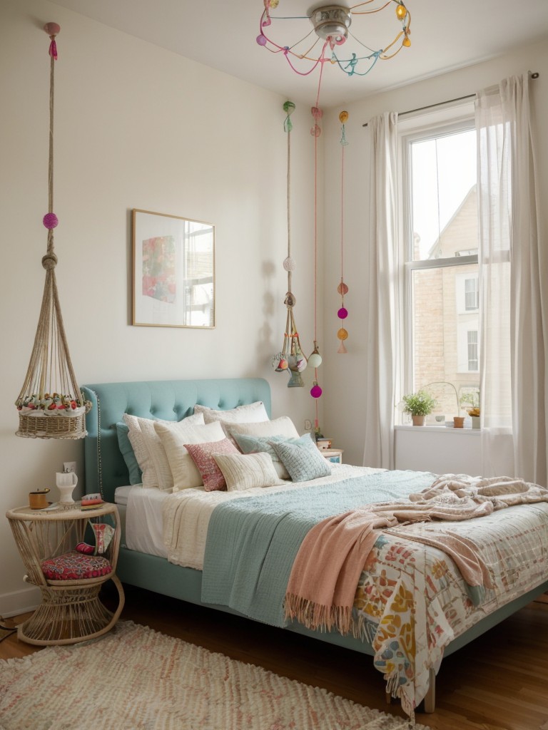 Eclectic Apartment Bedroom: Playful Decor with String Lights, Wall Art, and Swing Chair!