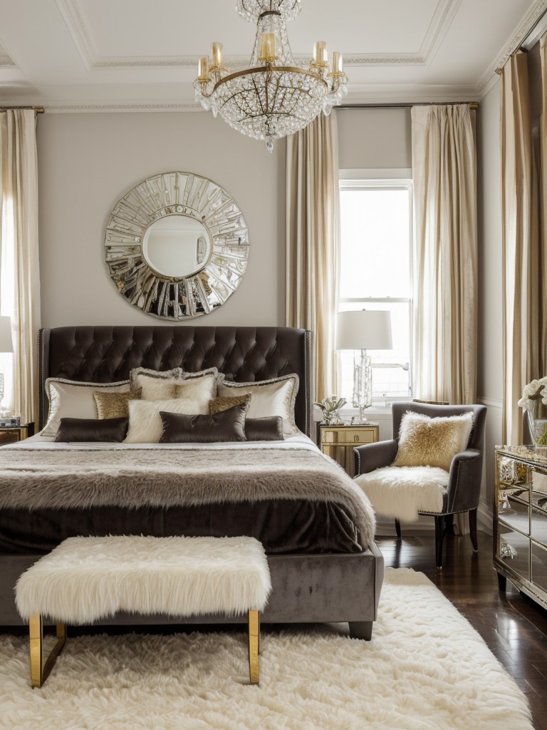 Eclectic Glam: Create a Luxurious Apartment Bedroom with Mirrored Furniture and Crystal Chandeliers