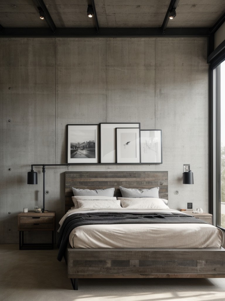 Modern Industrial Bedroom: Concrete Accents & Minimalistic Decor!