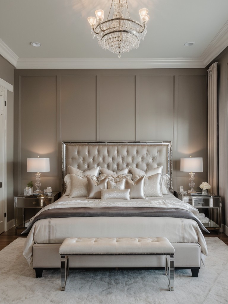 Glam up your bedroom with tufted headboard, crystal chandelier & silk bedding!