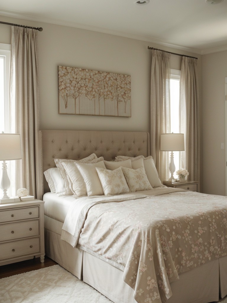 Romantic Bedroom Vibes: Sheer Curtains, Tufted Headboard & Delicate Florals.