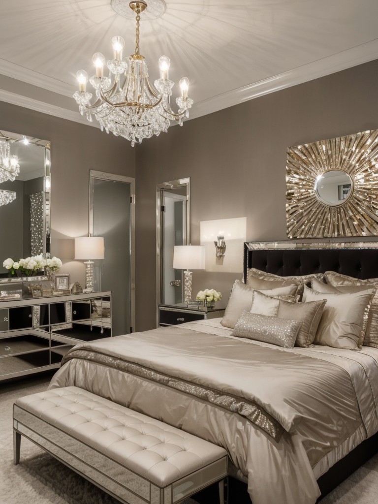 Get Glamorous: Add Mirrored Dresser & Crystal Chandelier to Elevate Your Bedroom!