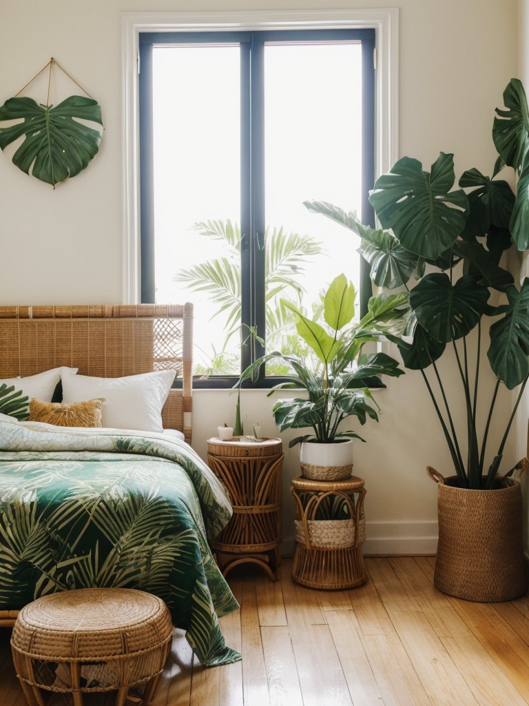 Tropical Oasis: Bohemian Bedroom Inspo | Rattan, Plants, Palm Prints