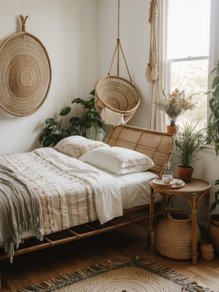 Boho Chic Apartment Decor: Embrace Nature with Plants, Dried Flowers, and a Rattan Hanging Chair!