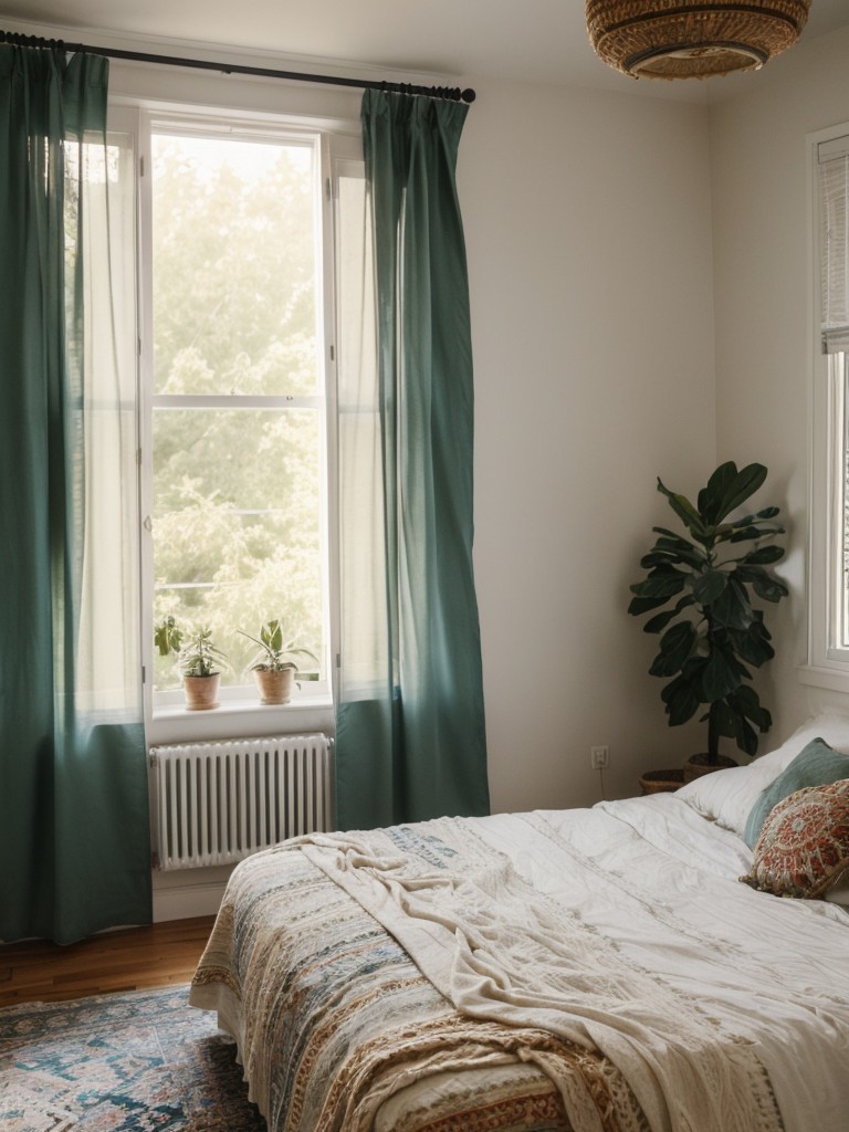 Lighten up your apartment with sheer curtains for a bright, boho bedroom!