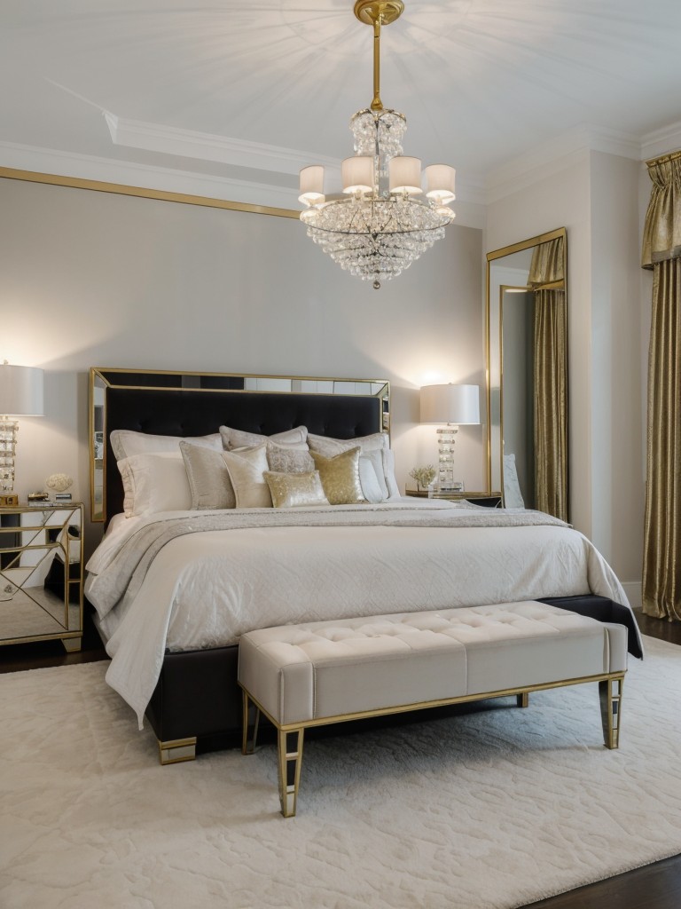 Elegant & Creative Bedroom Decor: Mirrored Furniture, Crystal Chandeliers & Gilded Accents.