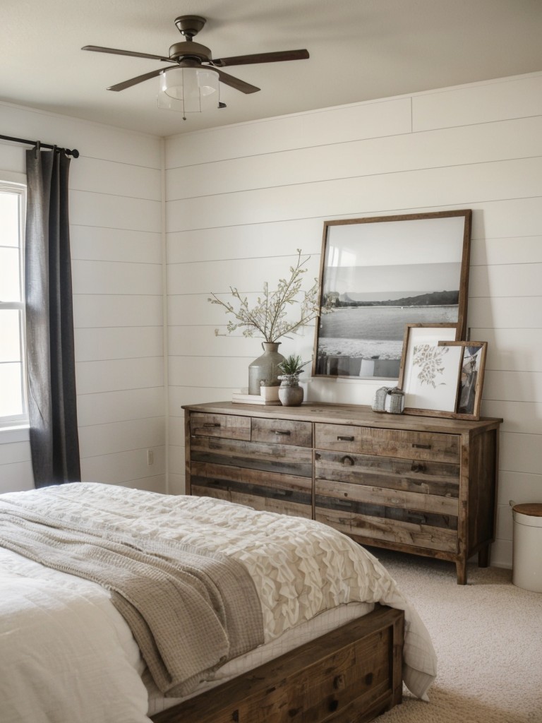 Modern farmhouse vibes: Shiplap walls, vintage decor & rustic furniture for a dreamy bedroom!