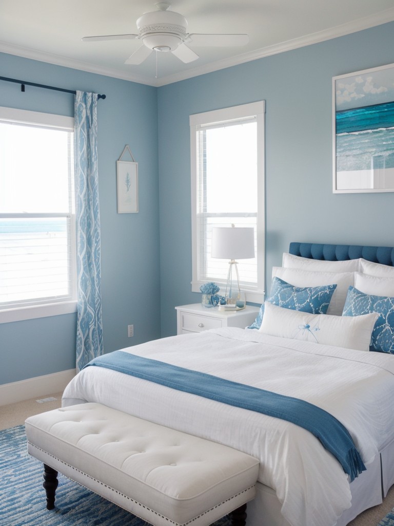 Coastal-inspired bedroom bliss: Blues, whites, seashells, and nautical vibes!