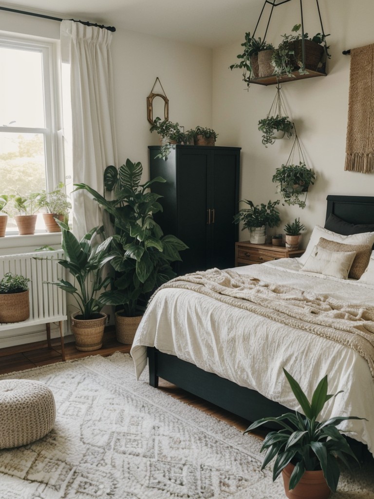 Nature-inspired bedroom oasis: Bring freshness and tranquility to your apartment with potted plants!