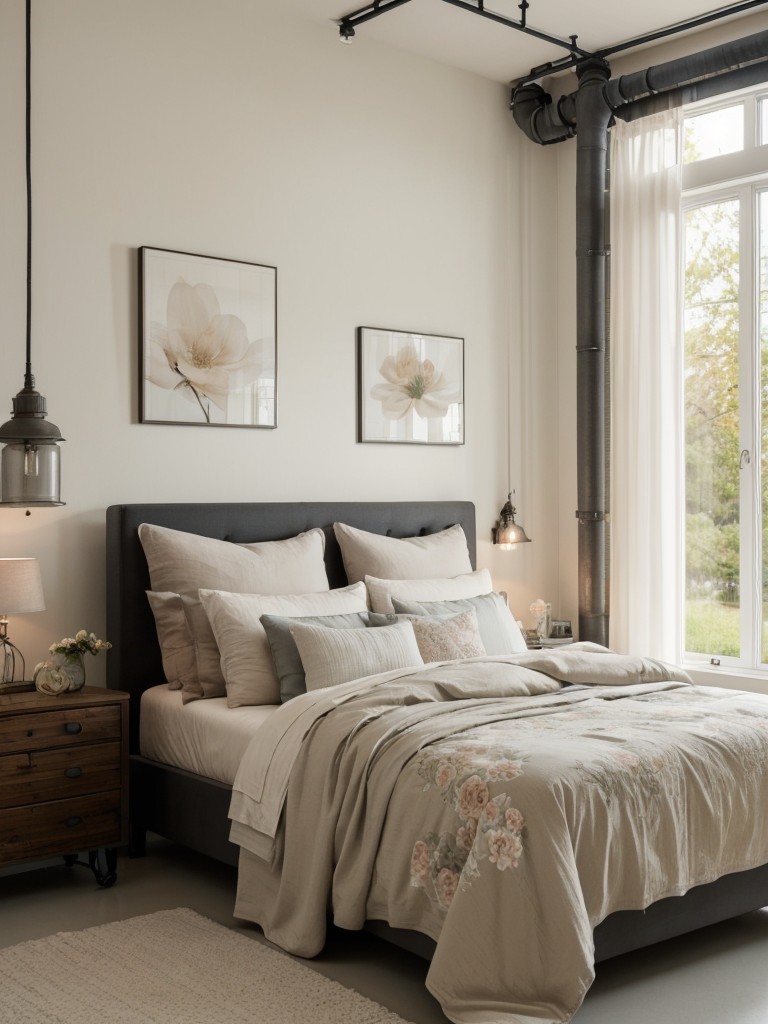 Serene Industrial Bedroom: Pale pastels, soft draperies, delicate florals.