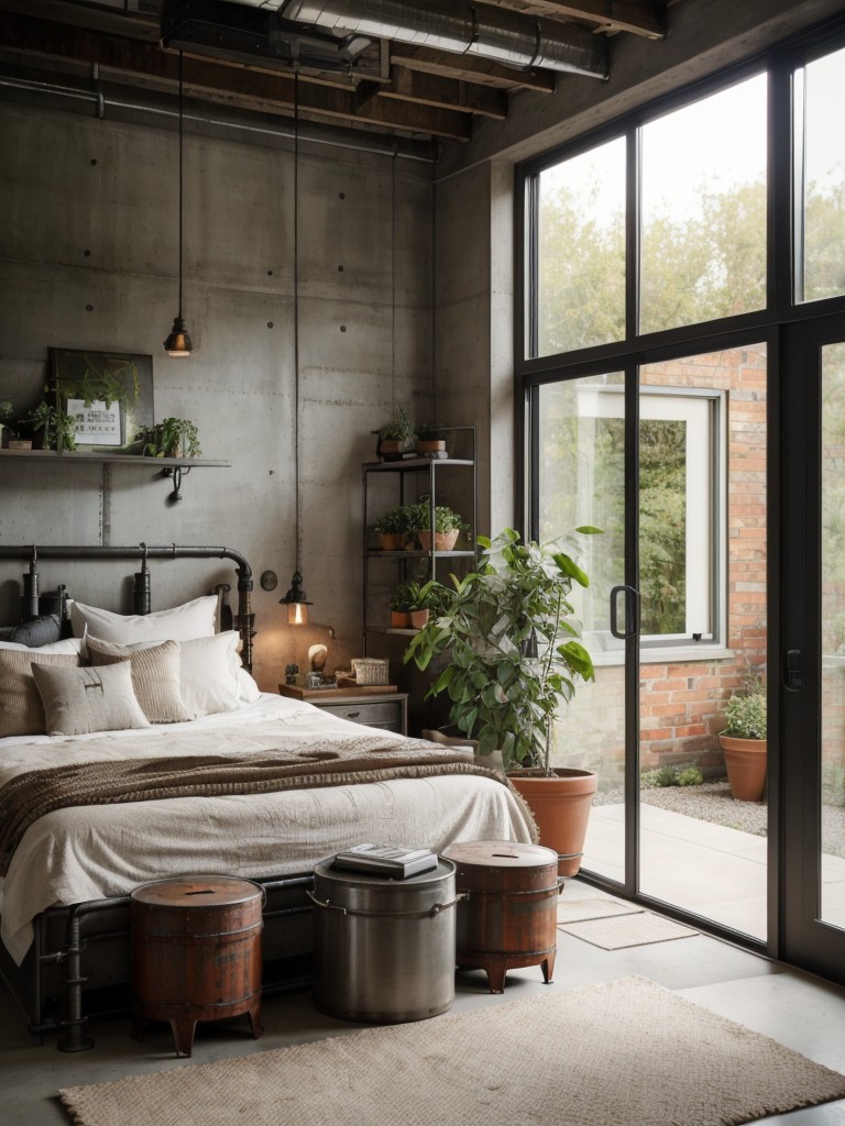 Industrial Bedroom Oasis: Rustic Charm with Greenery!