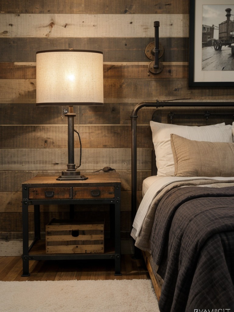 Industrial Bedroom Retreat: Rustic charm with reclaimed wood and vintage metal accents.