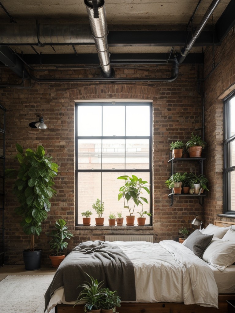 Industrial Oasis: Exposed Brick & Metal Bedroom with Greenery