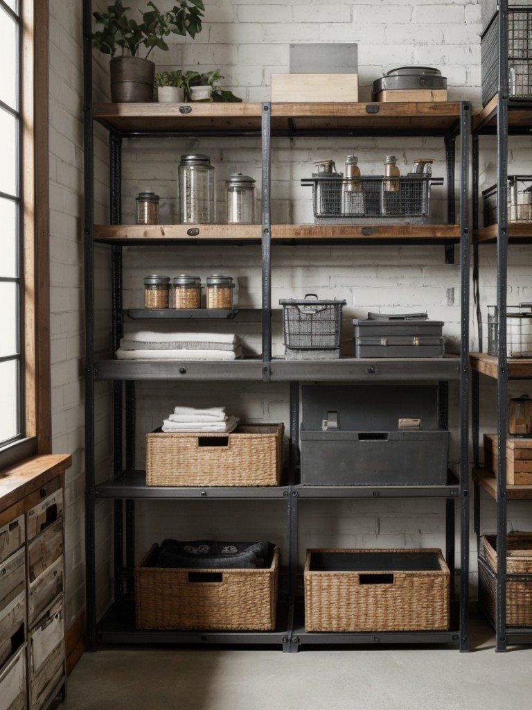 Industrial Chic: Transform Your Bedroom with Metal Shelving and Storage Crates!