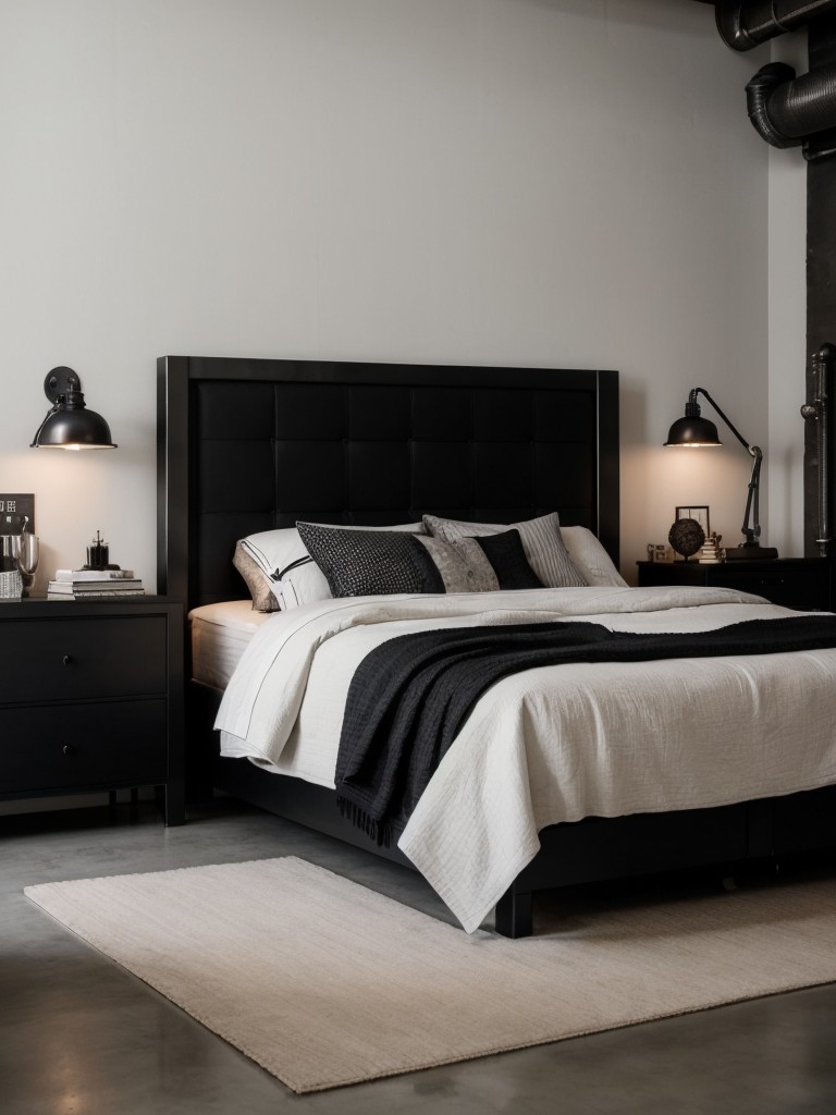 Stylish Industrial Bedroom: Embrace Black, White, and Metallics for a Sleek Touch