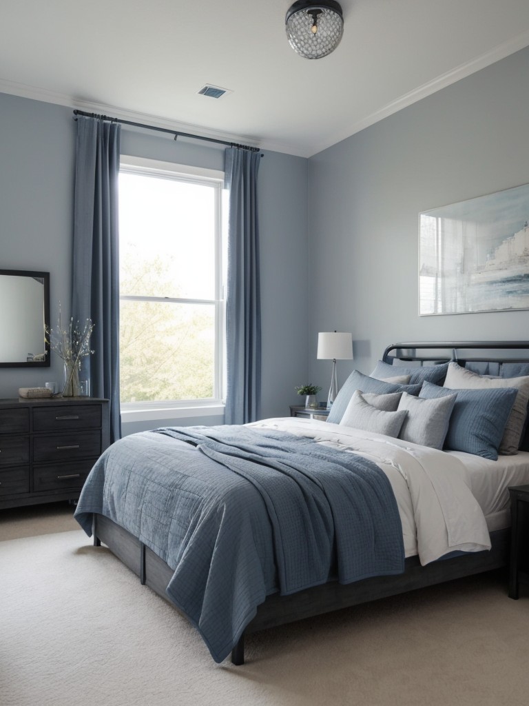 Serene Industrial Bedroom: Tranquilize Your Space with Cool Blues and Soft Grays