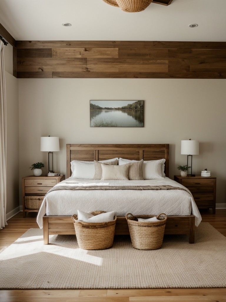 Cozy Apartment Bedroom: Embrace Nature with Wooden Furniture & Woven Baskets!