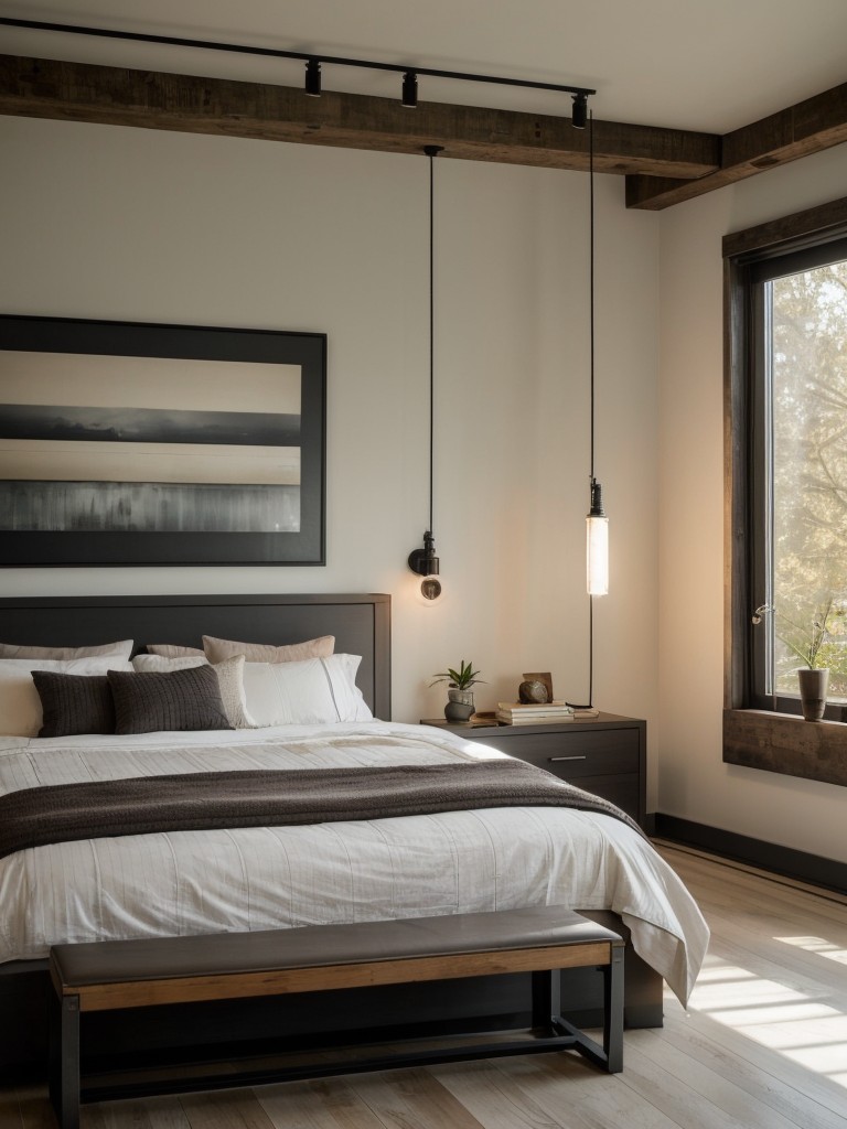 Zen Bedroom: Serenity with Industrial Flair. Dimmer switch brings the perfect ambiance!